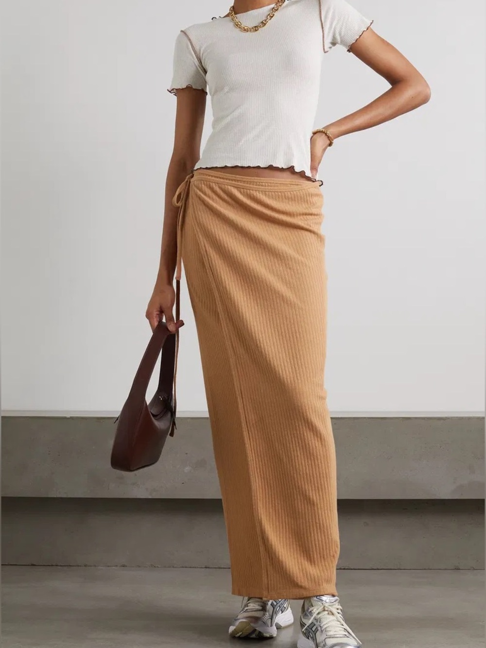 Baserange Rib Cotton Knit Wrap Maxi Skirt Beige Tan Sz Small
